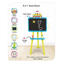 Babyhug 8-in-1 Adjustable Easel Board - Magnetic Whiteboard & Chalkboard with Alpha & Numeric | Hight Adjustable | Educational Toy | Enhances Learning & Creativity | Blue & Green |BIS Certified