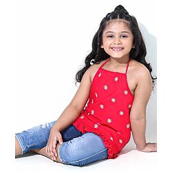 Babyhug Singlet Sleeves Top Floral Embroidered - Red