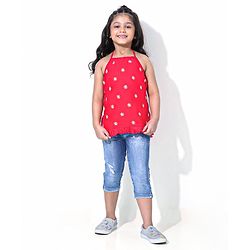 Babyhug Singlet Sleeves Top Floral Embroidered - Red