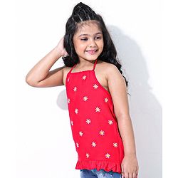 Babyhug Singlet Sleeves Top Floral Embroidered - Red