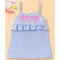 Babyhug Singlet Checks Poplin Top with Embroidery & Frill Detailing - Blue & White
