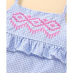 Babyhug Singlet Checks Poplin Top with Embroidery & Frill Detailing - Blue & White