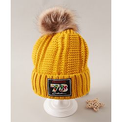 Babyhug Woven Cap with Pom Pom and Gloves Muffler Set - Yellow