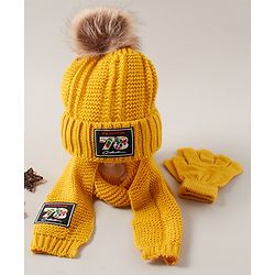 Babyhug Woven Cap with Pom Pom and Gloves Muffler Set - Yellow