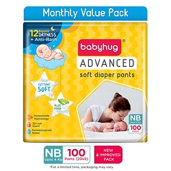 Babyhug Advanced Pant Style Diapers Monthly Box Pack New Born (NB) Size - 100 Pieces