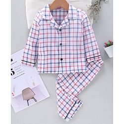 Babyhug Full Sleeves Night Suit Checks - White