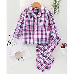 Babyhug Full Sleeves Woven Checked Night Suit - Multicolor