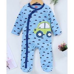 Babyhug Full Sleeves Foooted Sleepsuit Car Print - Blue