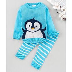 Babyhug Full Sleeves Pull Over Sweater With Pant Penguin Design - Blue