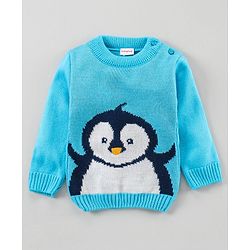 Babyhug Full Sleeves Pull Over Sweater With Pant Penguin Design - Blue