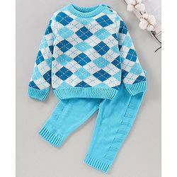 Babyhug Full Sleeves Intarsia Knitted Sweater Set - Blue