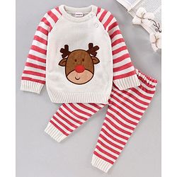 Babyhug Full Sleeves Stripe Sweater & Bottom Reindeer Embroidery - White Red