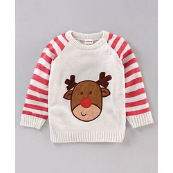 Babyhug Full Sleeves Stripe Sweater & Bottom Reindeer Embroidery - White Red