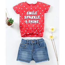 Babyhug Short Sleeves Top & Denim Shorts Text & Star Print - Red Blue
