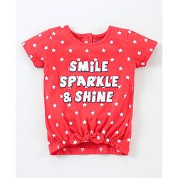 Babyhug Short Sleeves Top & Denim Shorts Text & Star Print - Red Blue