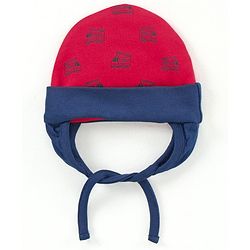 Babyhug 100%Cotton Cap With Tie Knot Style Fire Brigade Print  Red - Diameter 9.5 cm