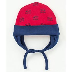 Babyhug 100%Cotton Cap With Tie Knot Style Fire Brigade Print  Red - Diameter 9.5 cm