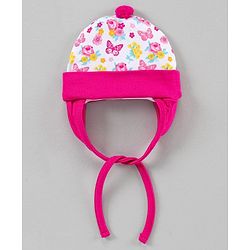 Babyhug 100%Cotton Cap With Tie Knot Style Floral & Butterfly Print  Pink  - Diameter 9.5 cm