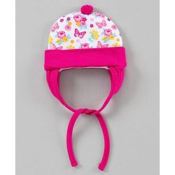 Babyhug 100%Cotton Cap With Tie Knot Style Floral & Butterfly Print  Pink  - Diameter 9.5 cm