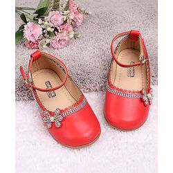Cute Walk by Babyhug Party Wear Belly Shoes Studded Floral Detailing - Red