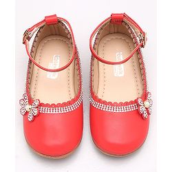 Cute Walk by Babyhug Party Wear Belly Shoes Studded Floral Detailing - Red