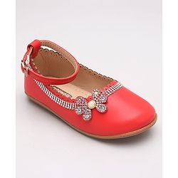 Cute Walk by Babyhug Party Wear Belly Shoes Studded Floral Detailing - Red