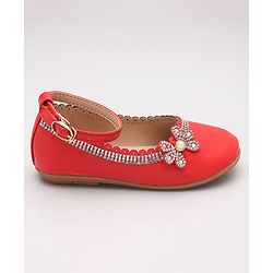 Cute Walk by Babyhug Party Wear Belly Shoes Studded Floral Detailing - Red