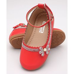 Cute Walk by Babyhug Party Wear Belly Shoes Studded Floral Detailing - Red