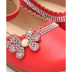 Cute Walk by Babyhug Party Wear Belly Shoes Studded Floral Detailing - Red