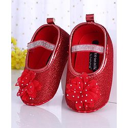 Cute Walk by Babyhug Party Wear Booties Floral Appliques - Red