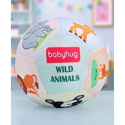 Babyhug Colorful Wild Animals Soft Ball with Gentle Rattle Sound & Animal Prints|Plush ball for Sensory Play, Motor Skill & Visual Development|Lightweight,Travel-Friendly|2+ Months|BIS|Height-13cm