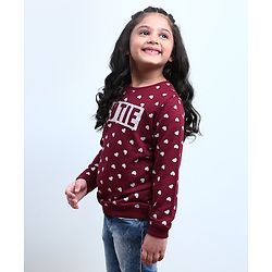 Babyhug Full Sleeves Pull Over SweatShirt Heart Print - Maroon