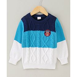 Babyhug Full Sleeves Sweater Bear Embroidery - Blue White