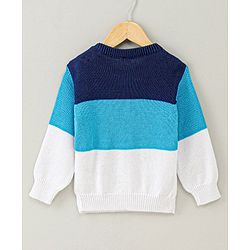 Babyhug Full Sleeves Sweater Bear Embroidery - Blue White