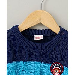 Babyhug Full Sleeves Sweater Bear Embroidery - Blue White