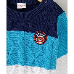 Babyhug Full Sleeves Sweater Bear Embroidery - Blue White