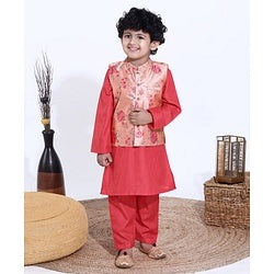 Babyhug Full Sleeves Kurta Pyjama Set with Modi Jacket Solid - Coral Red