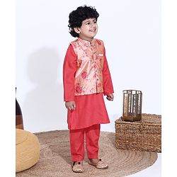 Babyhug Full Sleeves Kurta Pyjama Set with Modi Jacket Solid - Coral Red