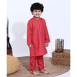 Babyhug Full Sleeves Kurta Pyjama Set with Modi Jacket Solid - Coral Red