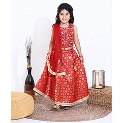 Babyhug Sleeveless Choli Lehenga Set with Dupatta Embroidered with Border Lace - Red