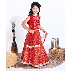 Babyhug Sleeveless Choli Lehenga Set with Dupatta Embroidered with Border Lace - Red