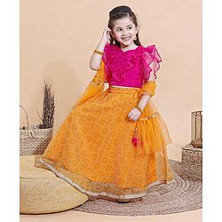 Babyhug Sleeveless Ruffled Choli and Printed Ghagra with Tassel Cords and Net Dupatta Set - Yellow