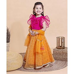 Babyhug Sleeveless Ruffled Choli and Printed Ghagra with Tassel Cords and Net Dupatta Set - Yellow