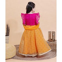 Babyhug Sleeveless Ruffled Choli and Printed Ghagra with Tassel Cords and Net Dupatta Set - Yellow