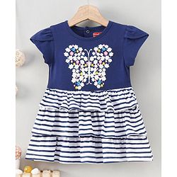Babyhug Cap Sleeves Stripe Layer Frock Butterfly Print - White Navy Blue