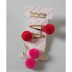 Babyhug Snap Clips with PomPom Set of 4 Pieces - Dark Pink Red