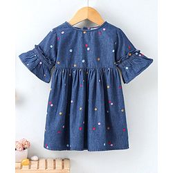 Babyhug Half Sleeves Denim Frock Polka Dot Print - Blue