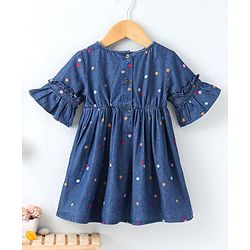 Babyhug Half Sleeves Denim Frock Polka Dot Print - Blue
