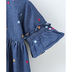 Babyhug Half Sleeves Denim Frock Polka Dot Print - Blue