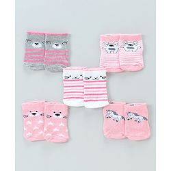 Cute Walk By Babyhug Antibacterial Ankle Length Socks Set of 5 - Pink White